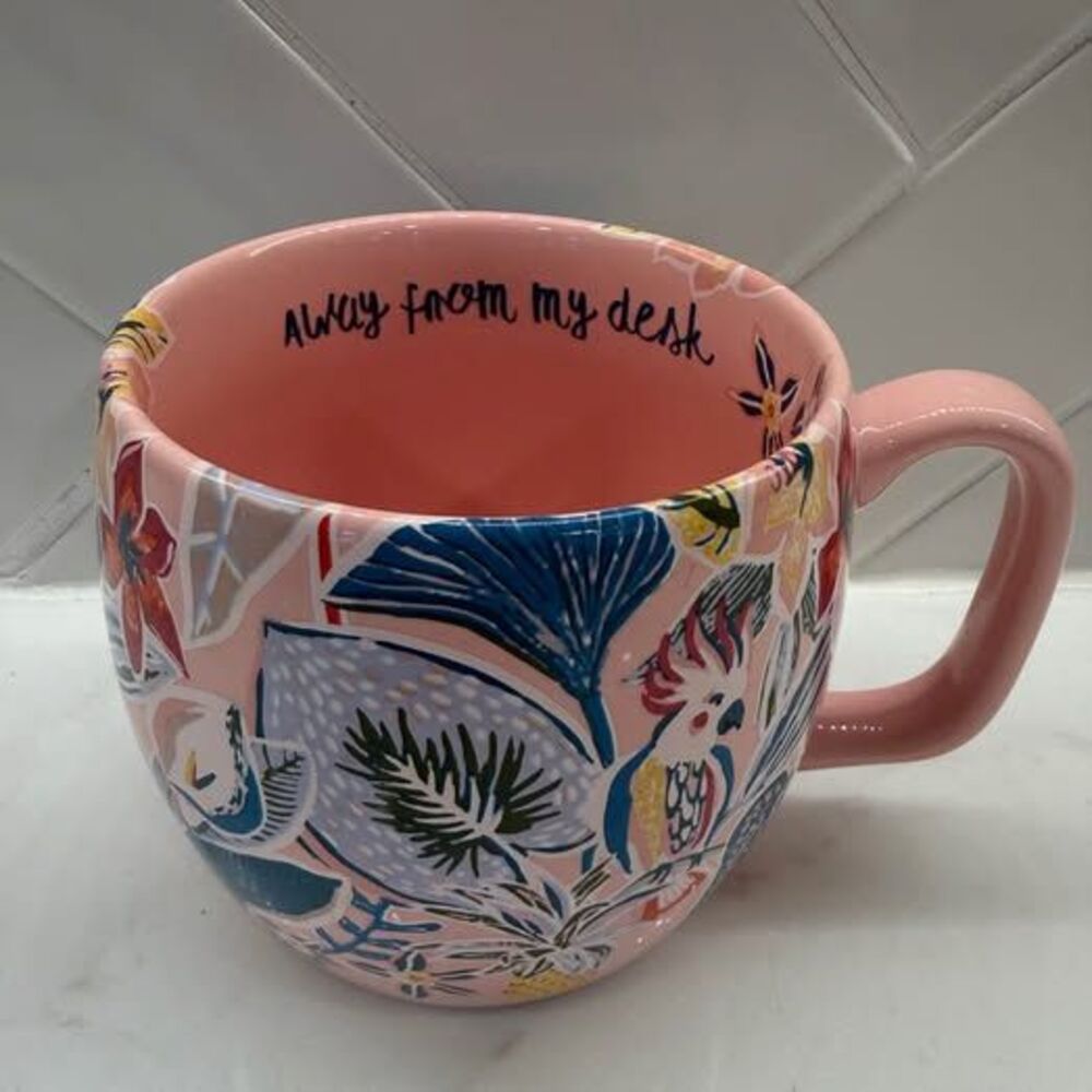 Pink “Away From My Desk” Tropical Parrot Mug – Colorful Floral Design